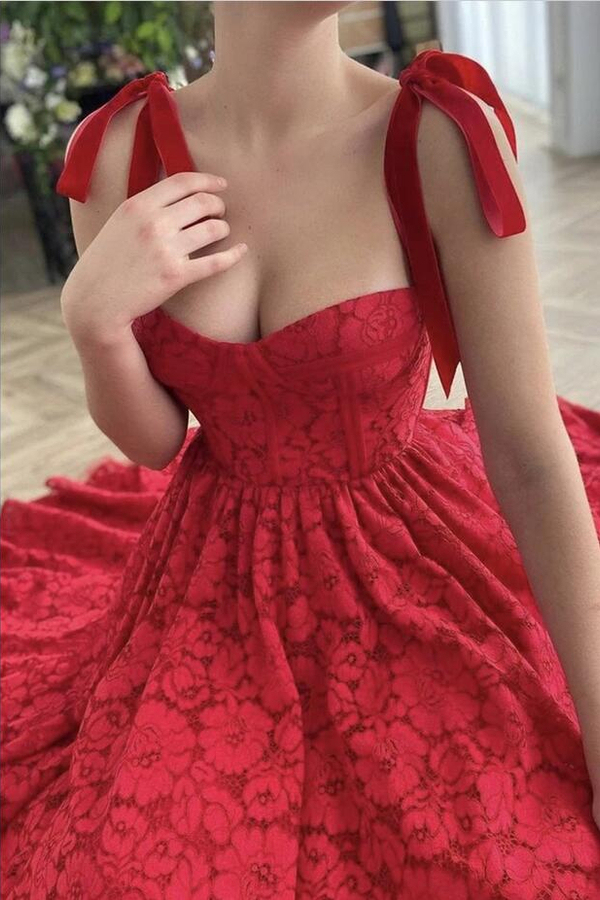 Square Neck Sweetheart Casual Dress | Red Ankle Length Formal Dress