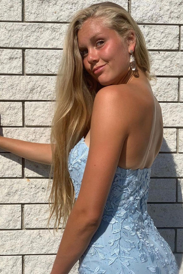Strapless Sky Blue Tulle Lace Slim Mermaid Prom Dress with Side Split