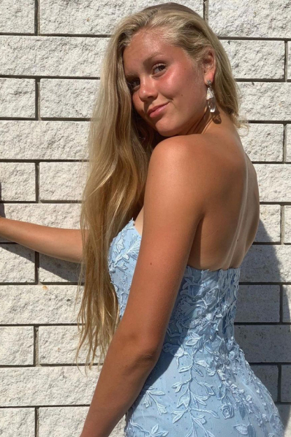 Strapless Sky Blue Tulle Lace Slim Mermaid Prom Dress with Side Split