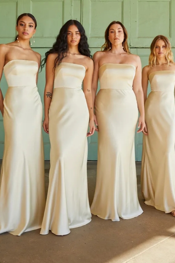 Strapless Sleeveless Floor-Length Simple Satin Bridesmaid Dress