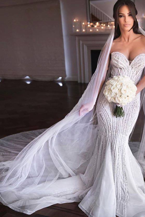 Strapless Sweetheart Beads Mermaid Wedding Dresses | Appliques Tulle Bridal Gowns