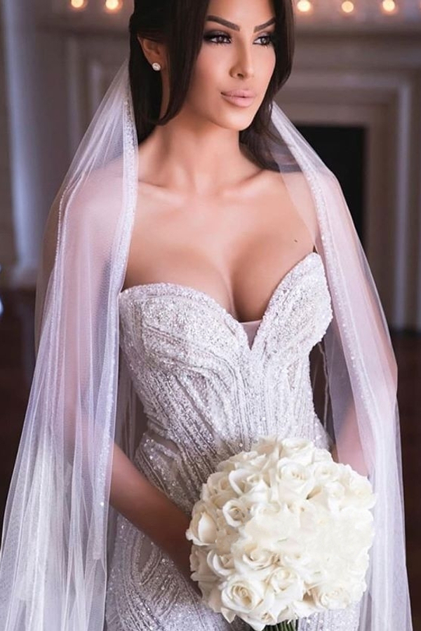 Strapless Sweetheart Beads Mermaid Wedding Dresses | Appliques Tulle Bridal Gowns