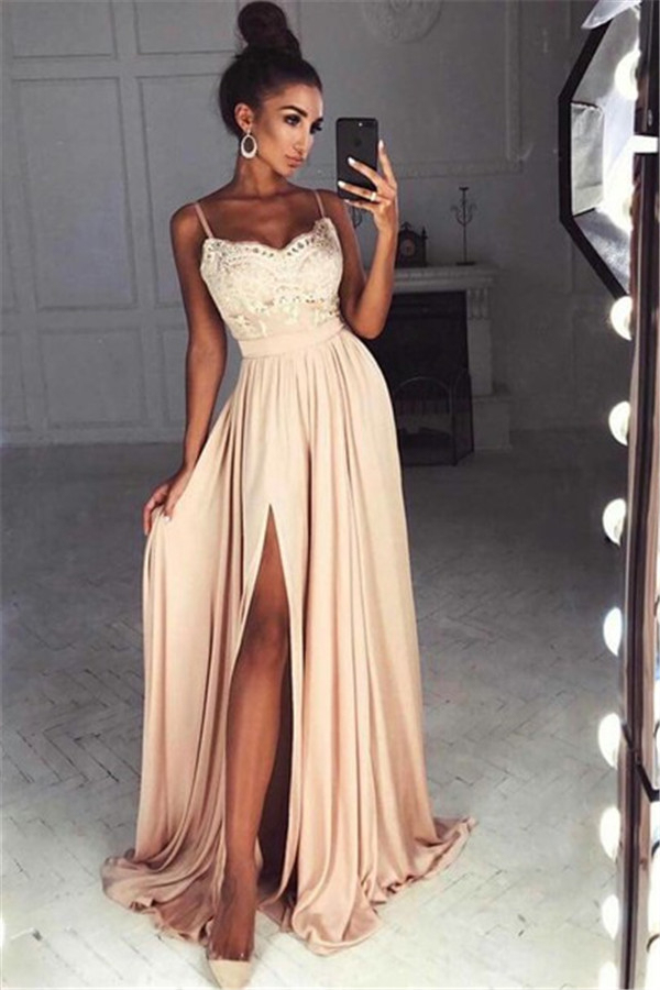 Straps Front Slit Prom Dress Lace Champagne Long Evening Dress