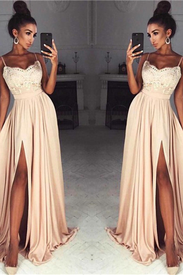 Straps Front Slit Prom Dress Lace Champagne Long Evening Dress