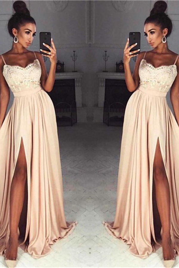 Straps Front Slit Prom Dress Lace Champagne Long Evening Dress