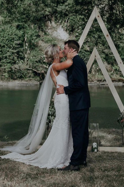 Straps V-Neck Lace Sheath Wedding Dress with Backless Design