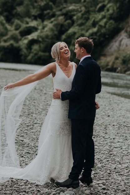 Straps V-Neck Lace Sheath Wedding Dress with Backless Design