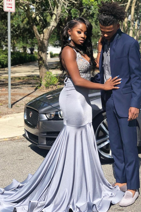 Stretch Satin V-Neck Evening Maxi Dress | Sleeveless Mermaid Prom Dress