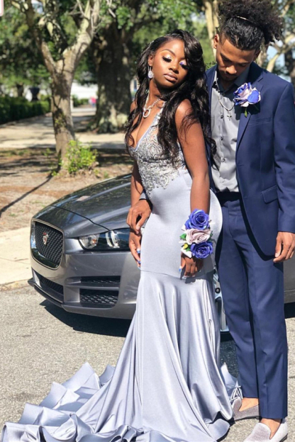 Stretch Satin V-Neck Evening Maxi Dress | Sleeveless Mermaid Prom Dress