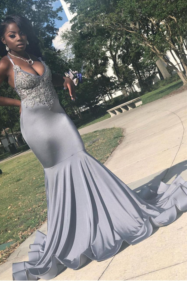 Stretch Satin V-Neck Evening Maxi Dress | Sleeveless Mermaid Prom Dress