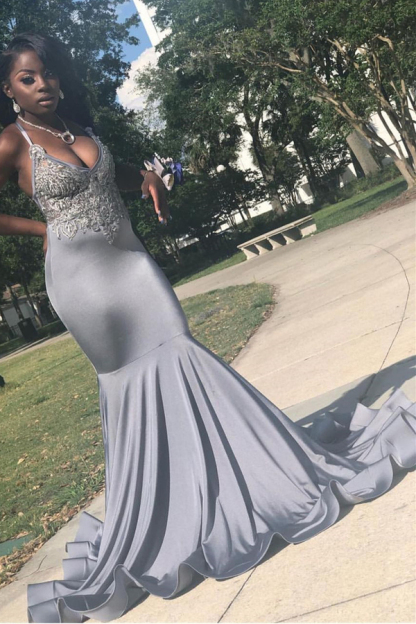Stretch Satin V-Neck Evening Maxi Dress | Sleeveless Mermaid Prom Dress