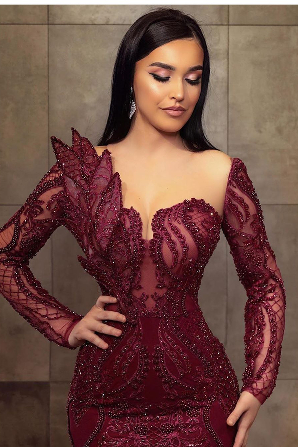 Stunning Burgundy Long Sleeves Slim Mermaid Evening Gown