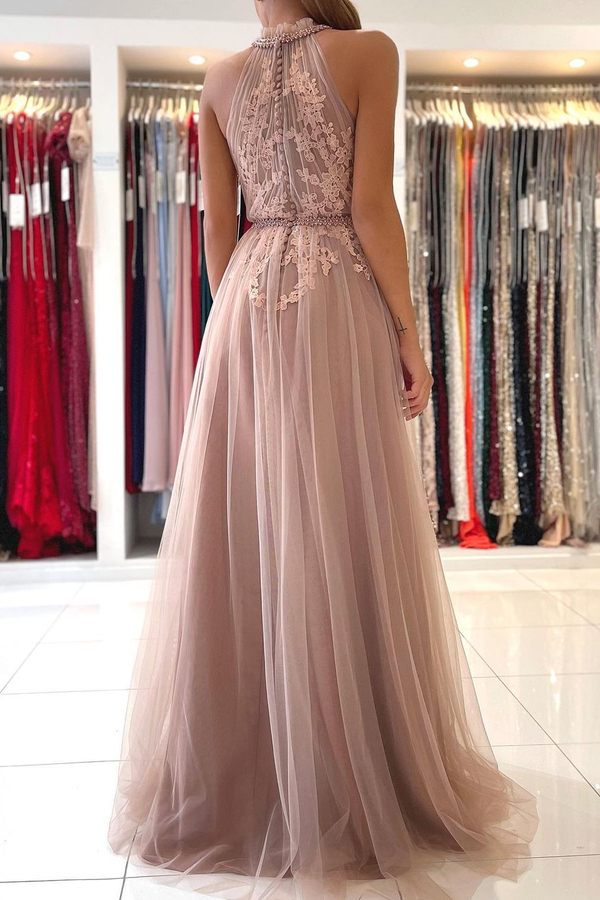 Stunning Halter Lace Appliques Tulle A-line Evening Maxi Dress