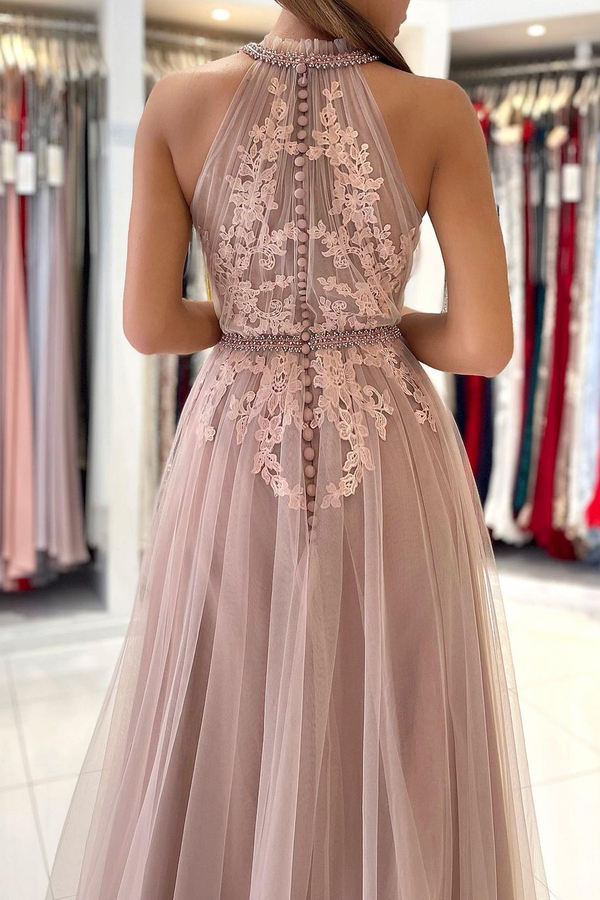 Stunning Halter Lace Appliques Tulle A-line Evening Maxi Dress