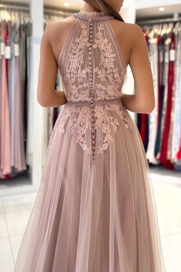 Stunning Halter Lace Appliques Tulle A-line Evening Maxi Dress