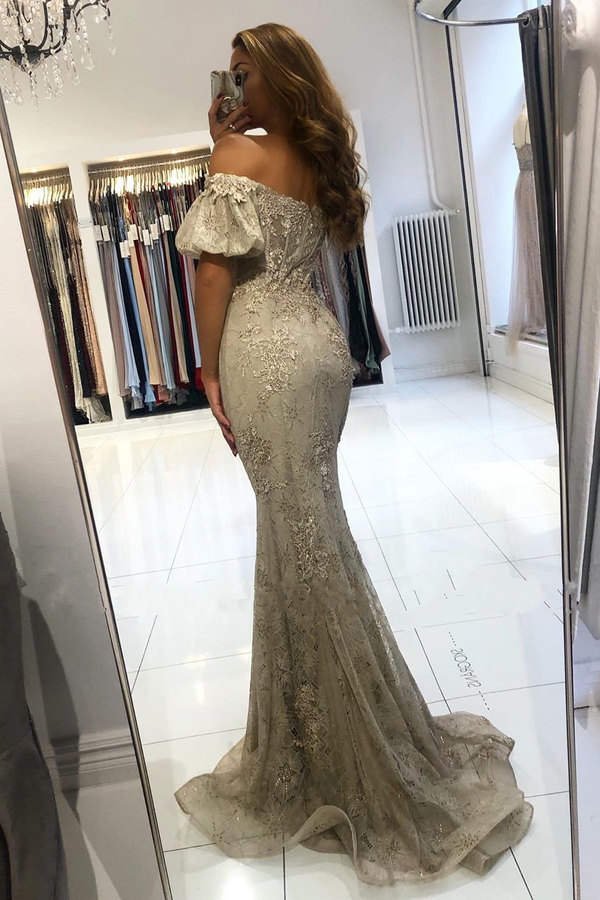 Stunning Off Shoulder Puffy Sleeves Lace Mermaid Evening Maxi Dress