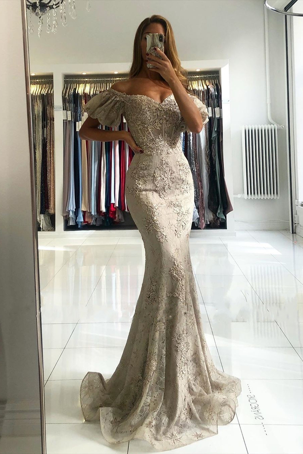 Stunning Off Shoulder Puffy Sleeves Lace Mermaid Evening Maxi Dress