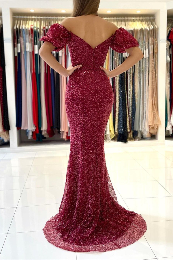 Stunning Off Shoulder Sequined Burgundy Mermaid Evening Gown with Side Slit