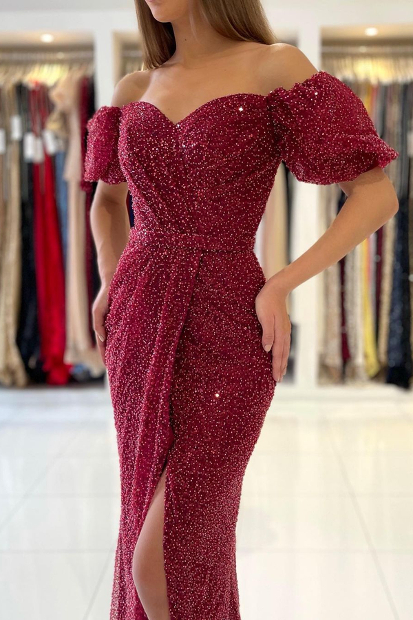 Stunning Off Shoulder Sequined Burgundy Mermaid Evening Gown with Side Slit