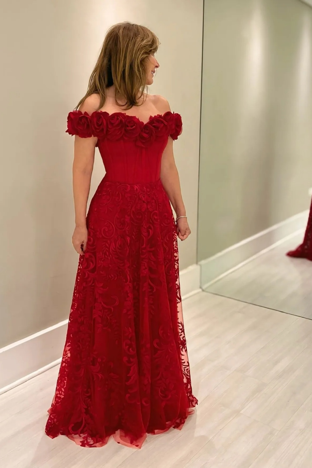 Off-the-Shoulder Floral Lace Mother of the Bride Dress Red Formal Wedding Guest Dress