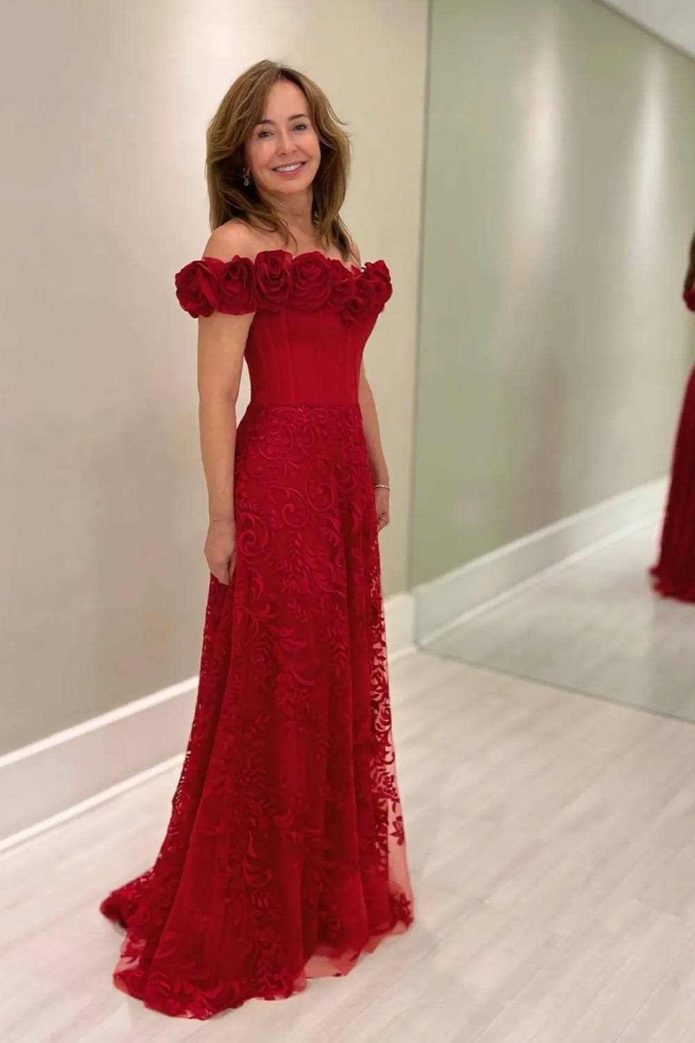 Off-the-Shoulder Floral Lace Mother of the Bride Dress Red Formal Wedding Guest Dress