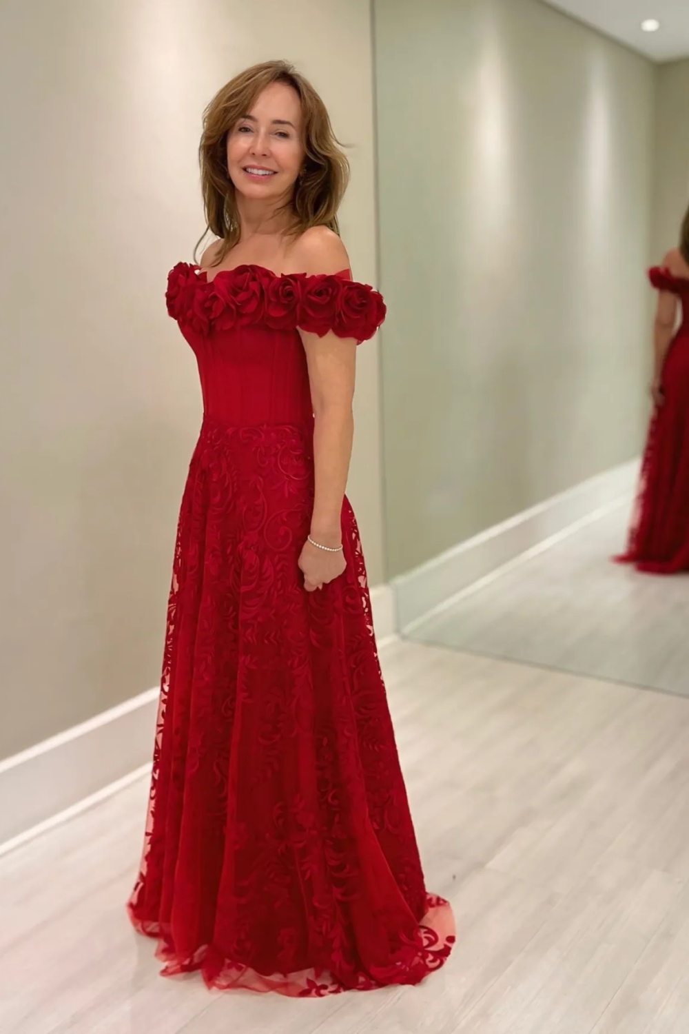 Off-the-Shoulder Floral Lace Mother of the Bride Dress Red Formal Wedding Guest Dress