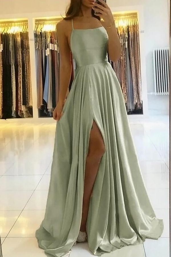 Stunning Spaghetti Straps Satin Evening Dress with Side Slit