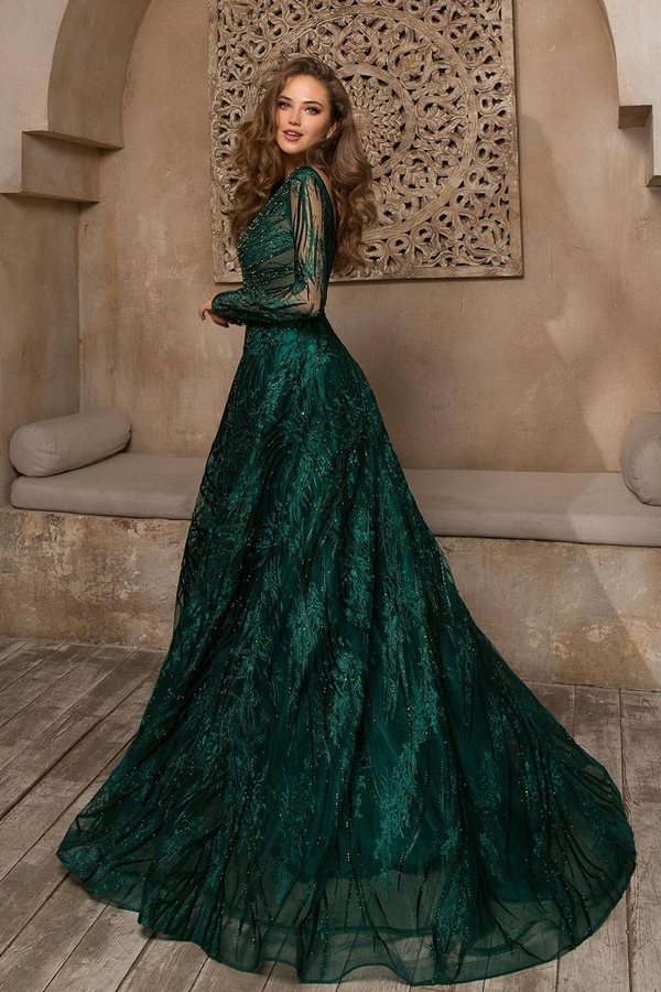 Stylish Long Sleeves Dark Green Evening Maxi Dress