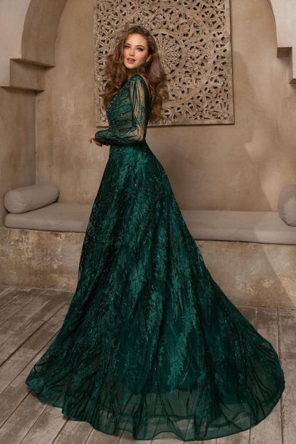 Stylish Long Sleeves Dark Green Evening Maxi Dress
