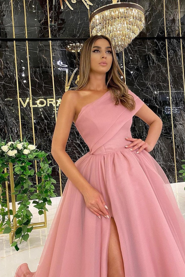 Stylish One Shoulder Dusty Pink Evening Swing Gown with Side Slit