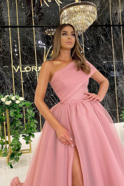 Stylish One Shoulder Dusty Pink Evening Swing Gown with Side Slit