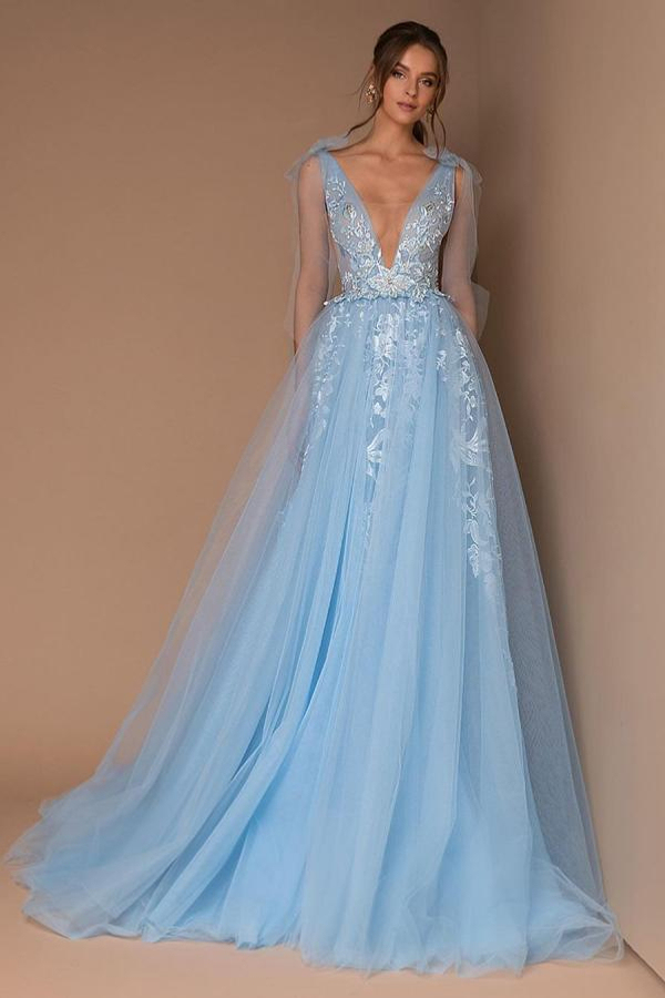 Stylish Sky Blue Deep V-Neck Tulle Lace Evening Maxi Dress