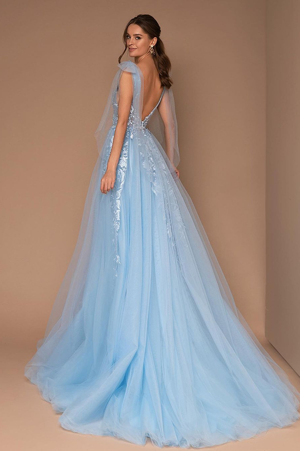 Stylish Sky Blue Deep V-Neck Tulle Lace Evening Maxi Dress