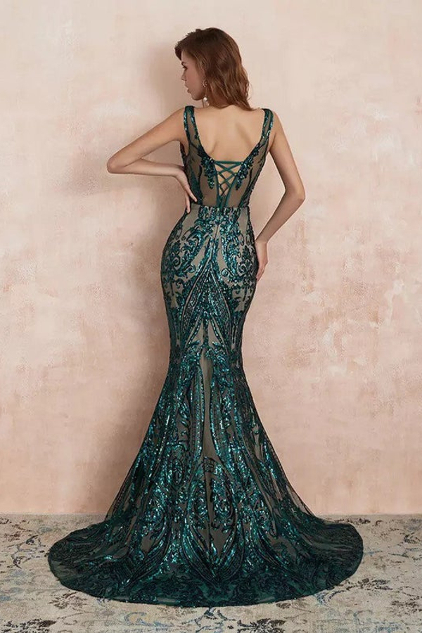 Stylish V-Neck Sleeveless Mermaid Prom Maxi Gown with Glitter Sequins Appliques