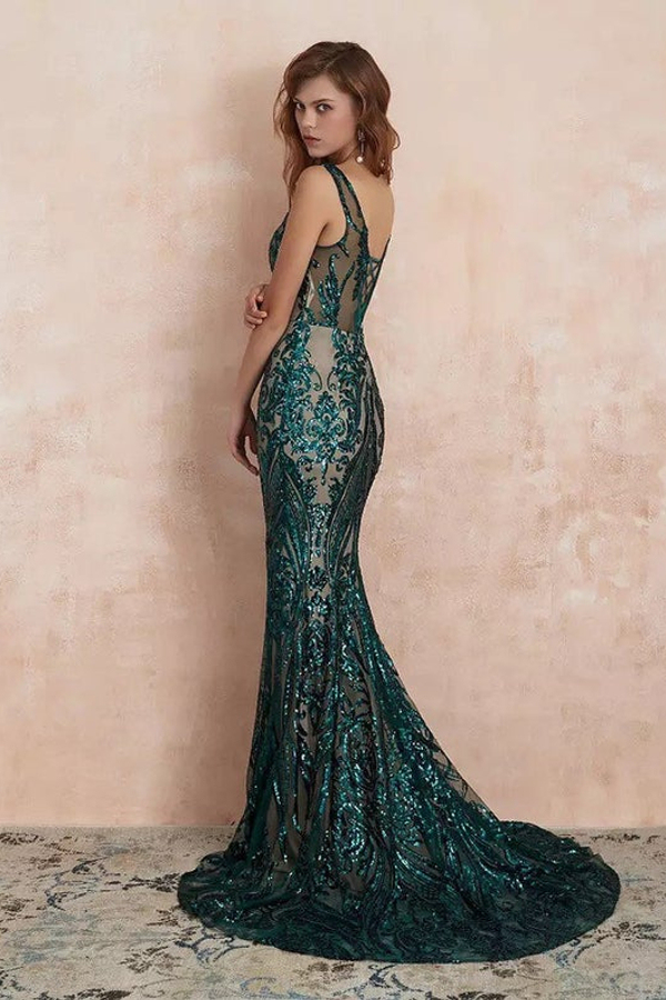 Stylish V-Neck Sleeveless Mermaid Prom Maxi Gown with Glitter Sequins Appliques