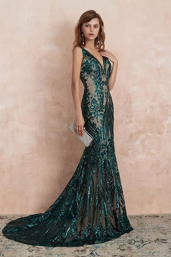 Stylish V-Neck Sleeveless Mermaid Prom Maxi Gown with Glitter Sequins Appliques