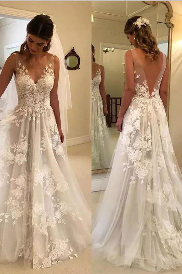 Summer Floral Lace Applique A-Line Wedding Dress V-Neck Bridal Dress