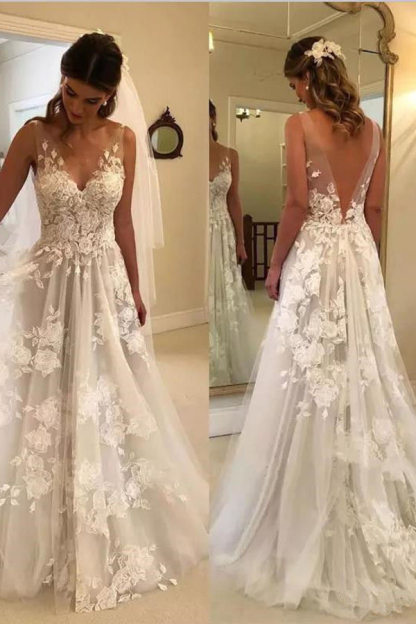 Summer Floral Lace Applique A-Line Wedding Dress V-Neck Bridal Dress