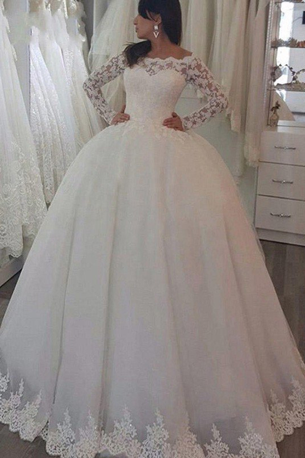 Sweep Train Applique Ball Gown Off-Shoulder Lace Long Sleeve Wedding Dress