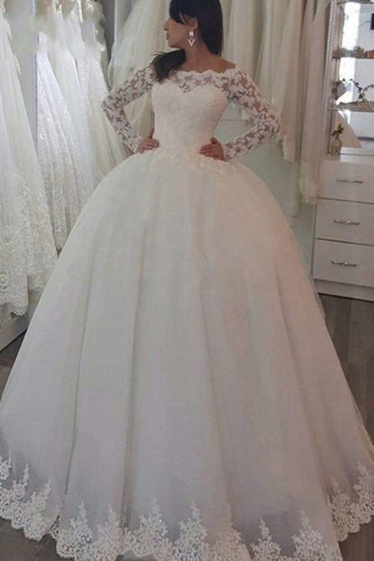 Sweep Train Applique Ball Gown Off-Shoulder Lace Long Sleeve Wedding Dress