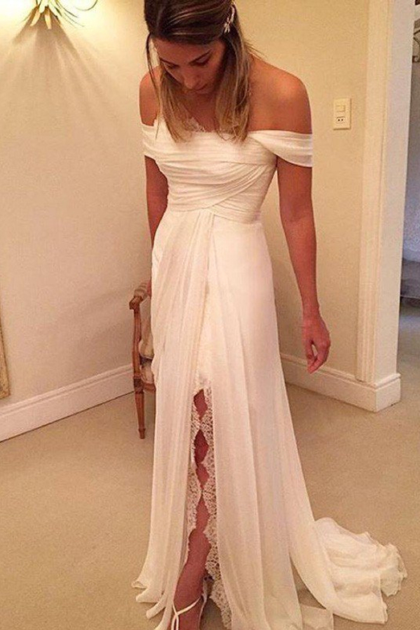 Sweep Train Chiffon A-Line Ruffle Off-Shoulder Sleeveless Wedding Dress