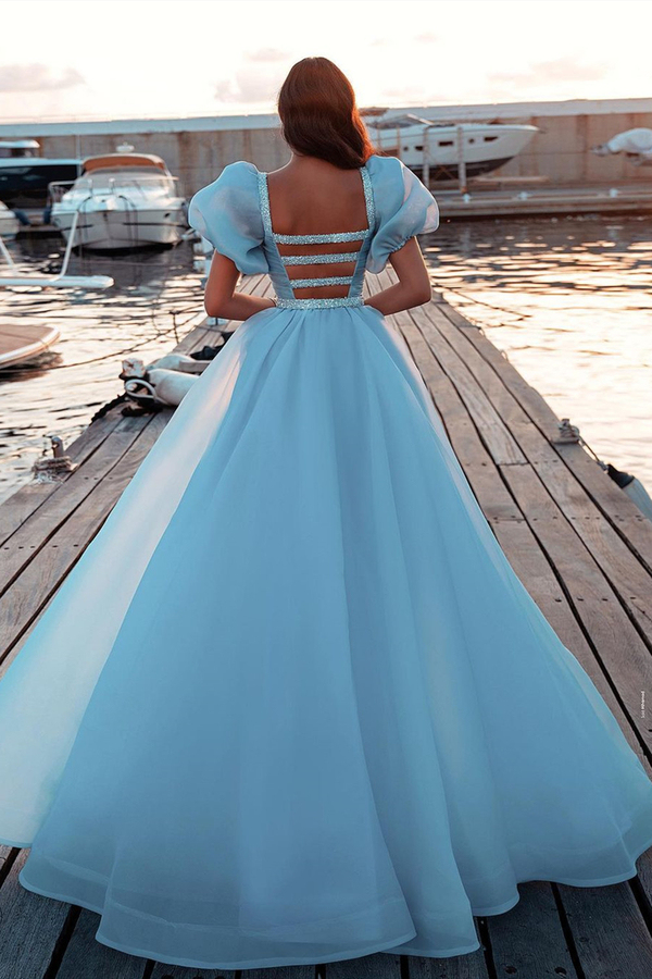 Sky Blue Princess Mermaid Evening Gown | Sweep Train Short Sleeve Party Gown