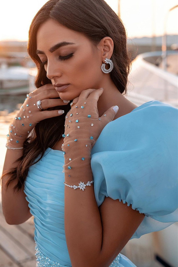 Sky Blue Princess Mermaid Evening Gown | Sweep Train Short Sleeve Party Gown