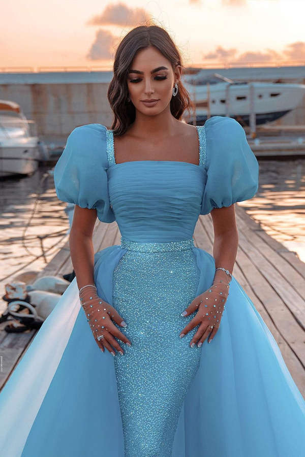 Sky Blue Princess Mermaid Evening Gown | Sweep Train Short Sleeve Party Gown