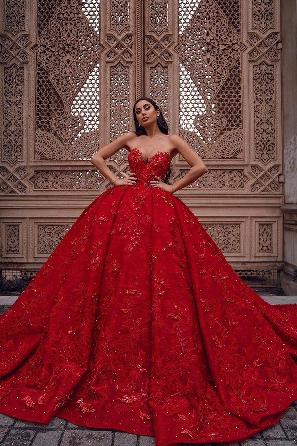 Sweetheart Ball Gown 3D Print Floral Red Evening Dress with Sweep Train 