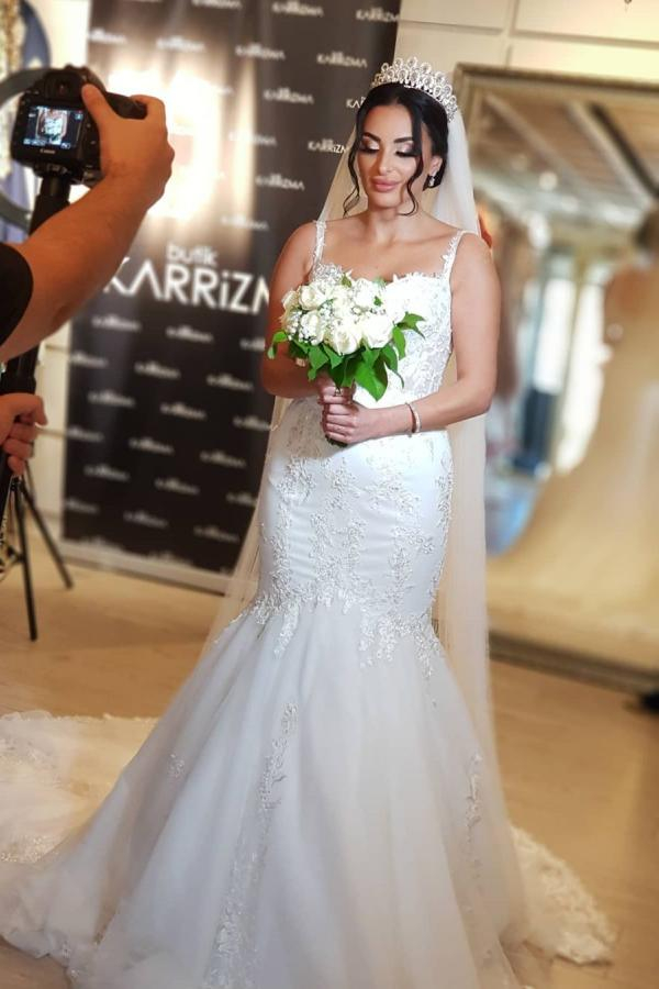 Sweetheart Spaghetti Strap Heart-Neck Mermaid Lace Wedding Dress