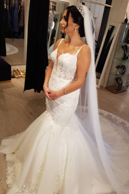 Sweetheart Spaghetti Strap Heart-Neck Mermaid Lace Wedding Dress