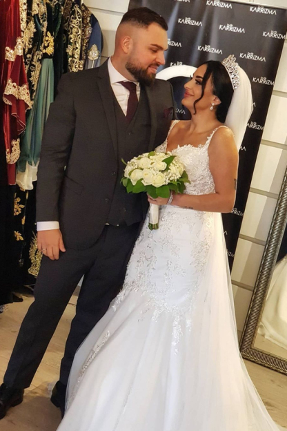 Sweetheart Spaghetti Strap Heart-Neck Mermaid Lace Wedding Dress