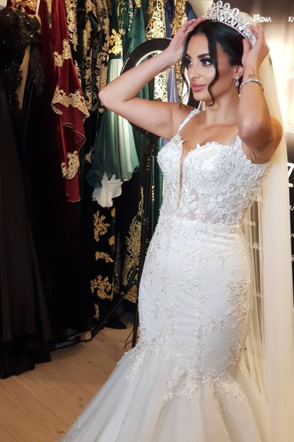Sweetheart Spaghetti Strap Heart-Neck Mermaid Lace Wedding Dress