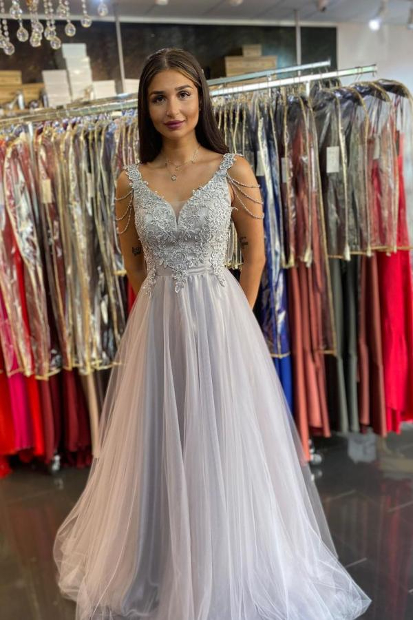 Tassels Straps Tulle Lace A-Line Evening Maxi Dress